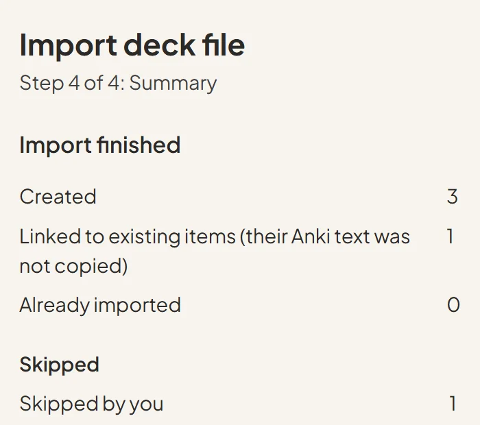 The Anki deck import summary: 3 created, 1 linked to an existing word, 0 already imported, 1 skipped