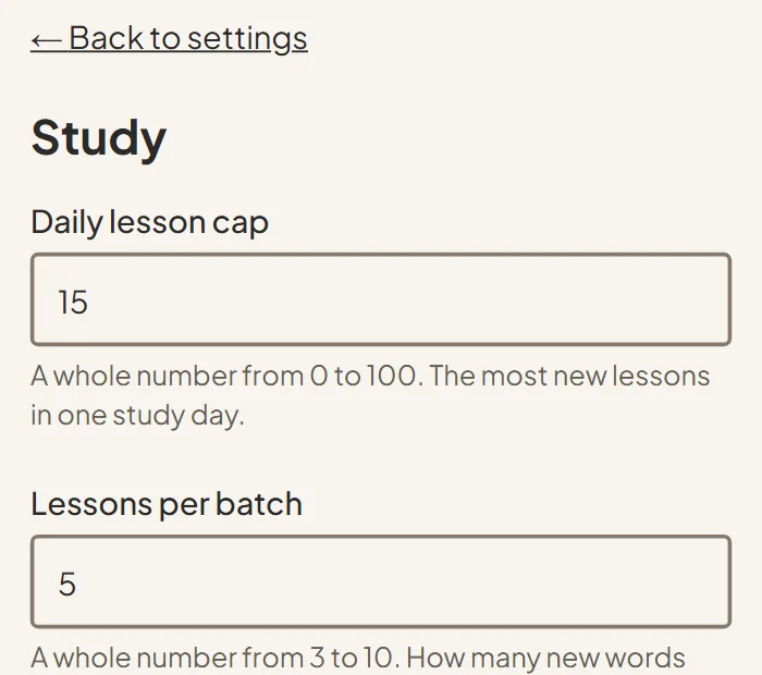 Study settings with a daily lesson cap of 15 and 5 lessons per batch